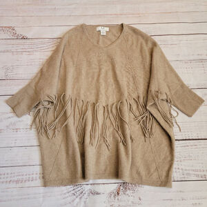 Magaschoni Women's Wool Cashmere Tan Knit Fringe Oversized Sweater XS/Small